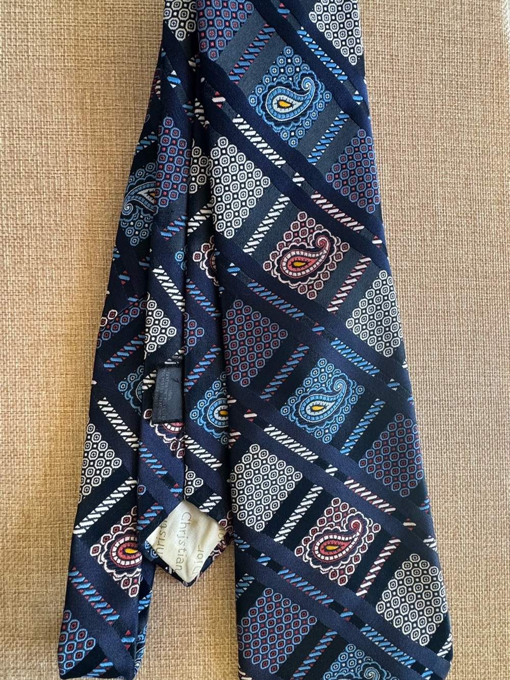 Vintage Christian Dior Monsieur Tie Navy Blue Red Paisley Geometric Geometric